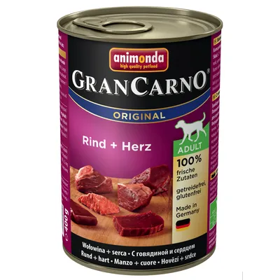 Konzerva animonda GranCarno Original Rind + Herz, Adult, 400 g. Text: 100 % frische Zutaten, getreidefrei, glutenfrei, Made in Germany. Hovädzie a srdce.