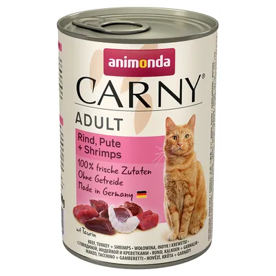 Animonda Carny Adult marha, pulyka + garnéla. 100% friss összetevők, gabonamentes, Made in Germany. Konzerv húskép és német zászló.