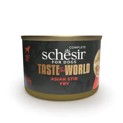 Boîte de 150 g Schesir for Dogs Taste the World Asian Stir Fry, alimentation complète pour chien adulte, texte en anglais sur l’emballage.