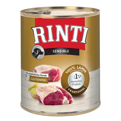 Lata de comida para perros Rinti Sensible. Texto visible: 100 % Lamm im Fleischanteil, nur 1 % tierisches Protein, +Kartoffel, glutenfrei, Für empfindliche Hunde.