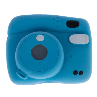 Igrača kamera iz modre plastike s črnimi in belimi poudarki, primerna kot pasja igrača.