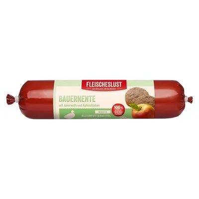 Fleischeslust Bauernente met amaranth en appelstukjes, 100% vers vlees, compleet diervoeder. Verpakking toont productnaam en afbeelding van appel en vlees.