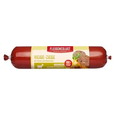 Fleischeslust Weide-Ziege met pompoen en zoete aardappel, 100% vers vlees, compleet diervoeder. Duitse tekst zichtbaar op verpakking.