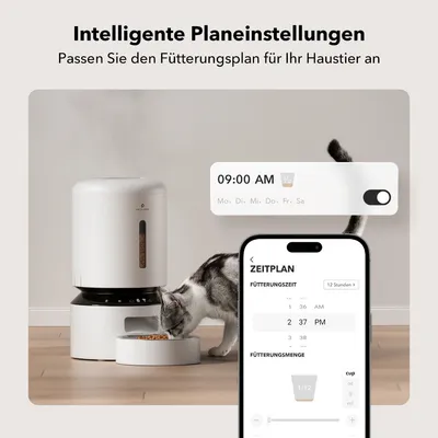 Intelligente Planeinstellungen für Fütterungszeit und -menge. Automatischer Futterspender mit App-Steuerung, Katze frisst aus Schüssel. Beispiel: Zeitplan 09:00 Uhr, Mo bis Fr.
