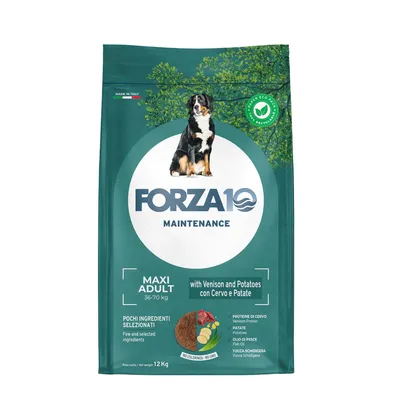 Sac Forza10 Maintenance Maxi Adult 36–70 kg, avec Venison and Potatoes, poids net 12 kg, ingrédients principaux visibles : viande, pommes de terre, huile de poisson, yucca.