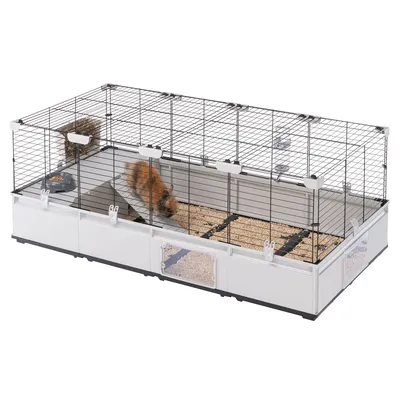 Kleintierkäfig mit Metallgitter, Kunststoffboden, Rampe und zwei Futternäpfen. Enthält Einstreu und zeigt ein Kaninchen im Inneren.