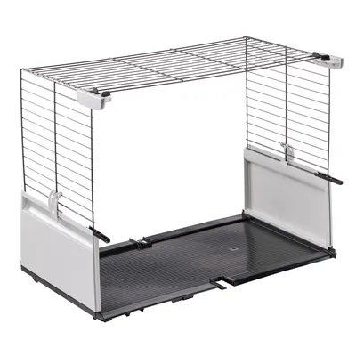 Kleintierkäfig mit Metall-Gitterwänden, Kunststoffboden und seitlichen weissen Kunststoffplatten. Geeignet für Innenhaltung von Kleintieren.