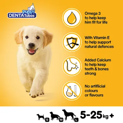 Puppy DENTATubos, Omega 3, Vitamin E, hozzáadott kalcium, mesterséges színezék és aroma nélkül. Kutyaméret: S, M, L, 5–25 kg+.