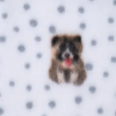 Motif de tissu en polaire blanche avec pois gris et dessin flou d’un chien marron, noir et blanc, langue rouge visible.