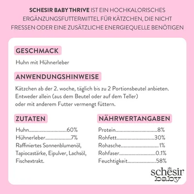 Schesir Baby Thrive, Ergänzungsfuttermittel für Kätzchen. Geschmack: Huhn mit Hühnerleber. Zutaten: Huhn 60%, Hühnerleber 7%. Nährwertangaben: Protein 8%, Fett 30%, Feuchtigkeit 58%.
