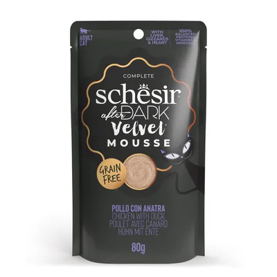 Schesir After Dark Velvet Mousse, felnőtt macskáknak, csirke kacsával, gabonamentes, májjal, zúzával és szívvel, 100% kiegyensúlyozott fehérje, vitamin és ásványi anyag, 80g.