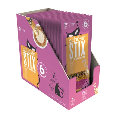 Schesir Stix Cat Creamy Snacks con pollo, sin cereales, para gatos adultos. Paquete con 6 raciones individuales. La ilustración muestra sugerencia de presentación e instrucciones de uso.