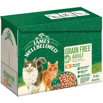 James Wellbeloved Grain Free Adult 1–7 anni, tacchino in salsa, per gatti, confezione da 12x85g. Testo visibile: ipoallergenico, digestione sana, sistema immunitario, pelo e pelle sani.