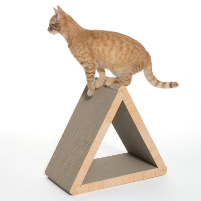 Katzenkratzmöbel in Dreiecksform aus Holz und Karton, mit einer Katze darauf stehend.