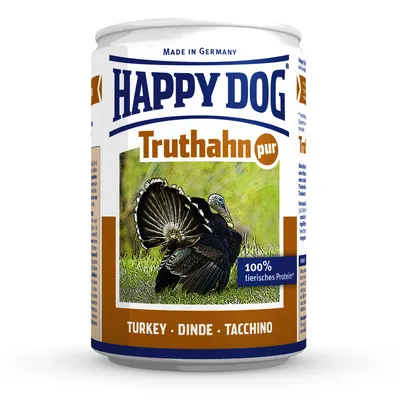 Lata de comida para perros Happy Dog Truthahn pur, texto visible: Made in Germany, 100 % tierisches Protein, TURKEY DINDE TACCHINO. Imagen de pavo en la etiqueta.