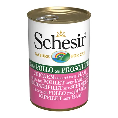 Schesir Nature for Cat. Филе от пиле с шунка. Многоезичен етикет: Chicken fillets with ham, Filets de poulet avec jambon, Filetes de pollo con jamón.
