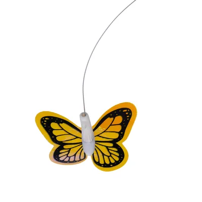 Papillon jaune et noir en plastique fixé à une tige métallique, accessoire de jeu pour chat visible sans marque apparente.