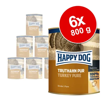 Happy Dog Truthahn Pur Turkey Pure, 6x800 g konzerve. Na pakiranju piše: Supreme Sensitive, 100% tierisches protein. Prikazano više limenki u setu.