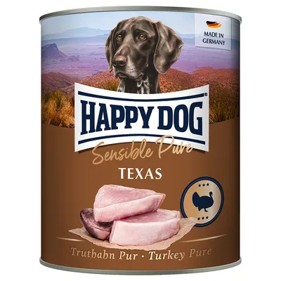 Happy Dog Sensible Pure Texas, čisté morčacie. Vyrobené v Nemecku. Zobrazenie morčacieho mäsa a psa pred krajinou.