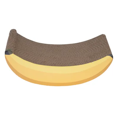 Griffoir en carton ondulé en forme de banane, surface marron et côtés jaunes, sans marque visible ni texte.