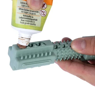 Green dental care chew toy with nubs, filled with toothpaste from tube. Text on tube: Without sugar & grains, food-grade ingredients.