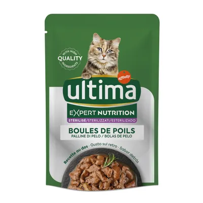 Ultima Expert Nutrition voor gesteriliseerde katten, Boules de Poils. Recept op de achterkant. Met hoogwaardige ingrediënten.