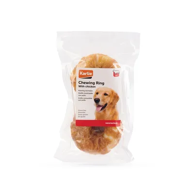 Karlie Chewing Ring With chicken, anneau à mâcher avec poulet, sans gluten, emballage transparent avec photo de chien et texte en anglais, allemand, italien, espagnol.