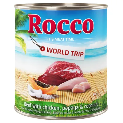 Rocco World Trip. Rind mit Huhn, Papaya und Kokos. 800g Dose. It's Meat Time.