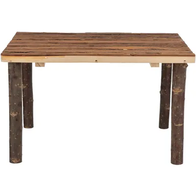Mesa de madera natural con superficie rústica y cuatro patas de madera resistentes. Adecuada para pequeños animales o decoración.