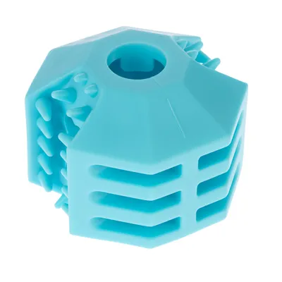 Palla da gioco esagonale blu in gomma con nodi e fessure.