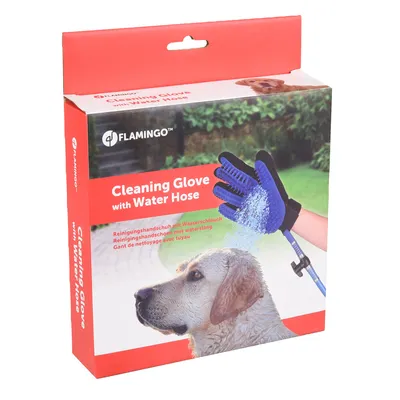 Flamingo Reinigungshandschuh mit Wasserschlauch. Verpackung zeigt blauen Handschuh, der Wasser sprüht, und einen Hund im Hintergrund.