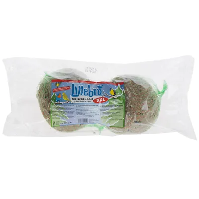 lillebro Meisenknödel XXL, 2 Stück à 500g im Netz, Verpackung mit Abbildungen von Vögeln und Produktinformationen auf dem Etikett.