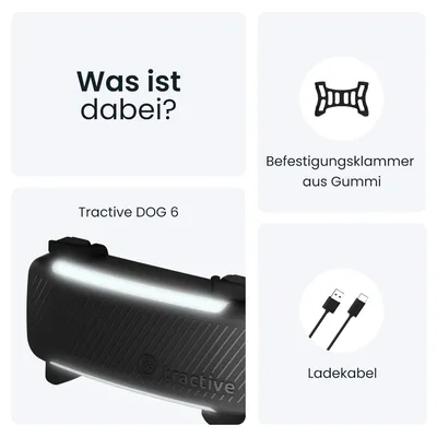 Lieferumfang: Tractive DOG 6, Befestigungsklammer aus Gummi, Ladekabel. Überschrift: Was ist dabei?