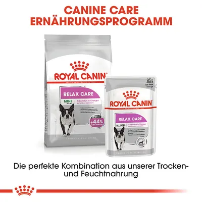 Royal Canin Relax Care Mini Trockenfutter und All Sizes Feuchtnahrung. Canine Care Ernährungsprogramm, perfekte Kombination aus Trocken- und Feuchtnahrung.