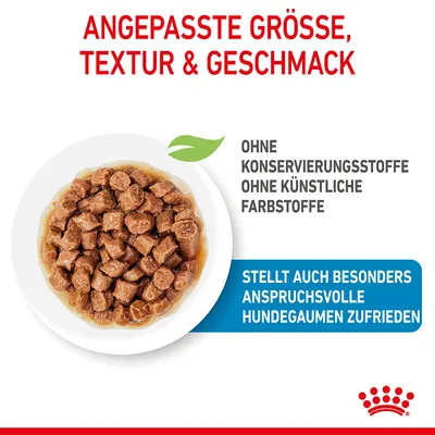Angepasste Grösse, Textur & Geschmack. Ohne Konservierungsstoffe, ohne künstliche Farbstoffe. Stellt auch besonders anspruchsvolle Hundegaumen zufrieden.