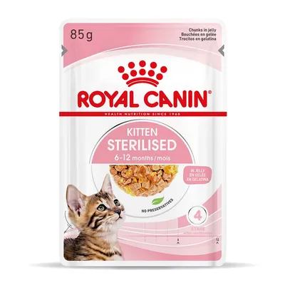 Royal Canin Kitten Sterilised, 85g, 6-12 hónapos macskáknak. Falatok zselében, tartósítószer nélkül, ivartalanítás utáni 4. életszakaszra.