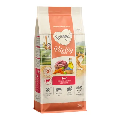 Feringa Vitality Immune Adult cat food, beef with carrots, salmon oil and blueberries. Grain-free, fresh beef, with prebiotics and vegetables. Pack size: 2 kg.