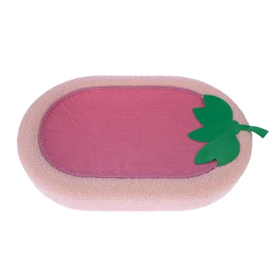 Ovalni ružičasti krevet za mačke s mekanim rubom i zelenim ukrasom u obliku lista, pogodan za kućne ljubimce.