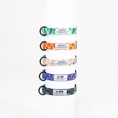 Cinq colliers pour animaux avec motifs et étiquettes visibles : trois Harry Potter, un DC Superman, un DC Batman. Boucles noires en plastique. Textes de licence partiellement lisibles.