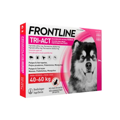 Frontline Tri-Act solución spot-on para perros 40-60 kg. Eficaz contra pulgas, garrapatas, mosquitos. No apto para gatos. Pack de 6 x 4 ml. Fabricante: Boehringer Ingelheim.