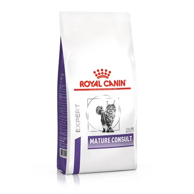 Royal Canin Expert Mature Consult krmivo pre mačky, balenie s fialovým akcentom a obrázkom mačky. Viditeľný S/O Index.