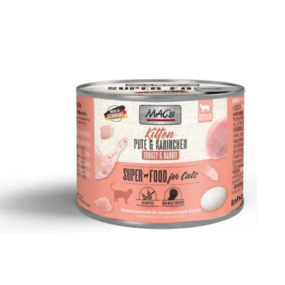 Консерва MAC's Kitten Pute & Kaninchen Turkey & Rabbit, Super Food for Cats, Made in Germany, за подрастващи котки. Видими икони: без зърно, високо съдържание на месо.