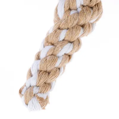 Geflochtenes Seil aus beige-weisser Baumwolle, geeignet für Spielzeug oder Zubehör.