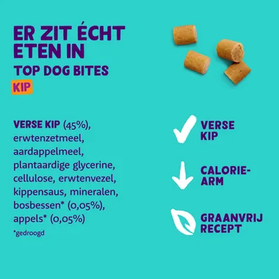 Top Dog Bites kip. Ingrediënten: verse kip 45%, erwtenzetmeel, aardappelmeel, plantaardige glycerine, cellulose, erwtenvezel, kippensaus, mineralen, bosbessen 0,05%, appels 0,05%.