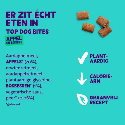 Er zit écht eten in Top Dog Bites appel en bosbes. Ingrediënten: aardappelmeel, appels 20%, erwtenzetmeel, aardappelzetmeel, plantaardige glycerine, bosbessen 1%, vegetarische saus, peer 0,06%. Plantaardig, caloriearm, graanvrij recept.