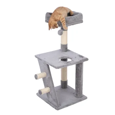 Grey cat tree with multiple levels, sisal posts and a top resting area. An orange cat is lying on the top platform.