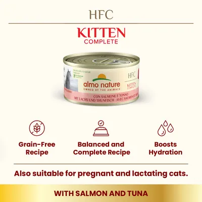 almo nature HFC Kitten Complete konzerv, lazaccal és tonhallal. Grain-Free Recipe, Balanced and Complete Recipe, Boosts Hydration, Also suitable for pregnant and lactating cats, WITH SALMON AND TUNA