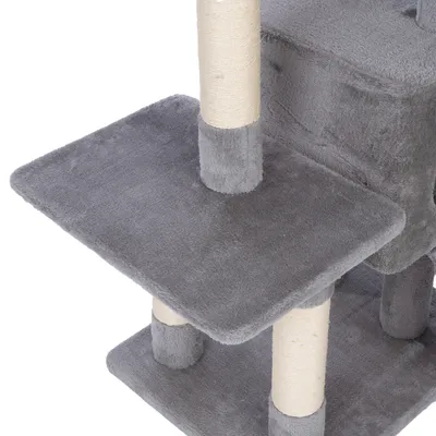 Árbol rascador con funda de felpa gris y columnas envueltas en sisal, dos plataformas visibles.