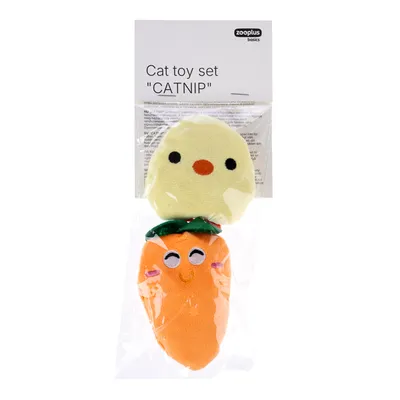 Zooplus basics set de juguetes para gatos 'CATNIP' con pollito amarillo y zanahoria naranja, en funda de plástico transparente.