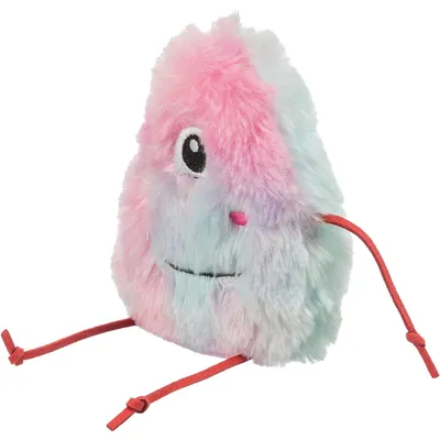 Plush toy in pink and blue with embroidered face and two red cords as legs.